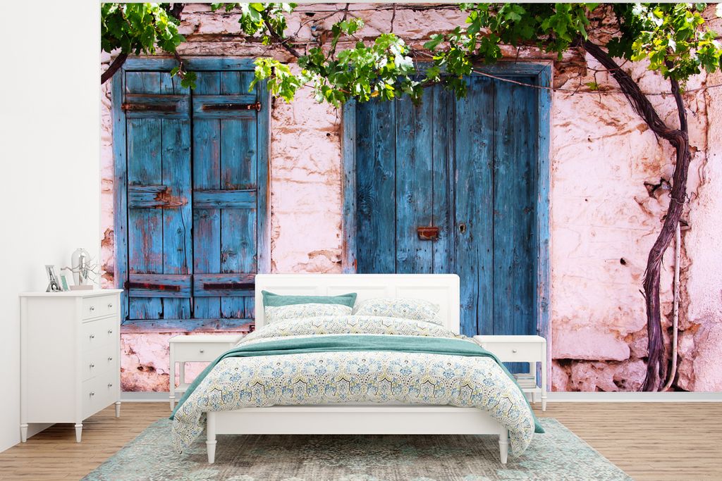 MuchoWow Fototapete für Wohnzimmer oder Schlafzimmer Wandtapete Vinyl Motivtapete Vintage - Tür - Haus - Blau - Baum - 375x280 cm - Schlafzimme...