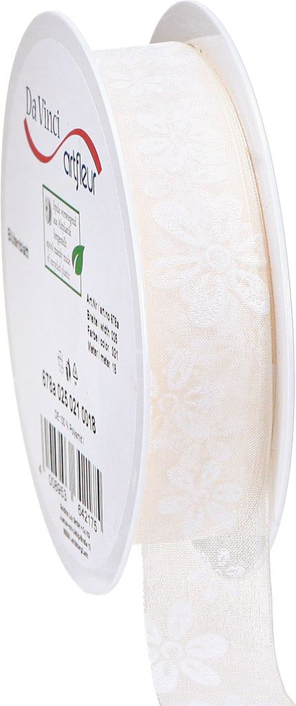 Organzaband Blumenmuster Geschenkband Creme Dekoband Hochzeit 25mm 18m
