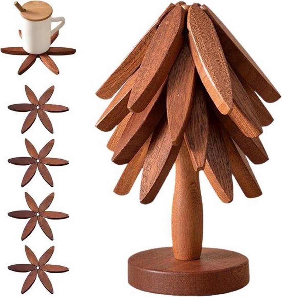 Walnoot-Keukenhelft-Set mit 4 Stücken und 1 Stand, aus Fichte, opgeborgen als Weihnachtsbaum, für warme Gerichte, Töpfe, Tassen