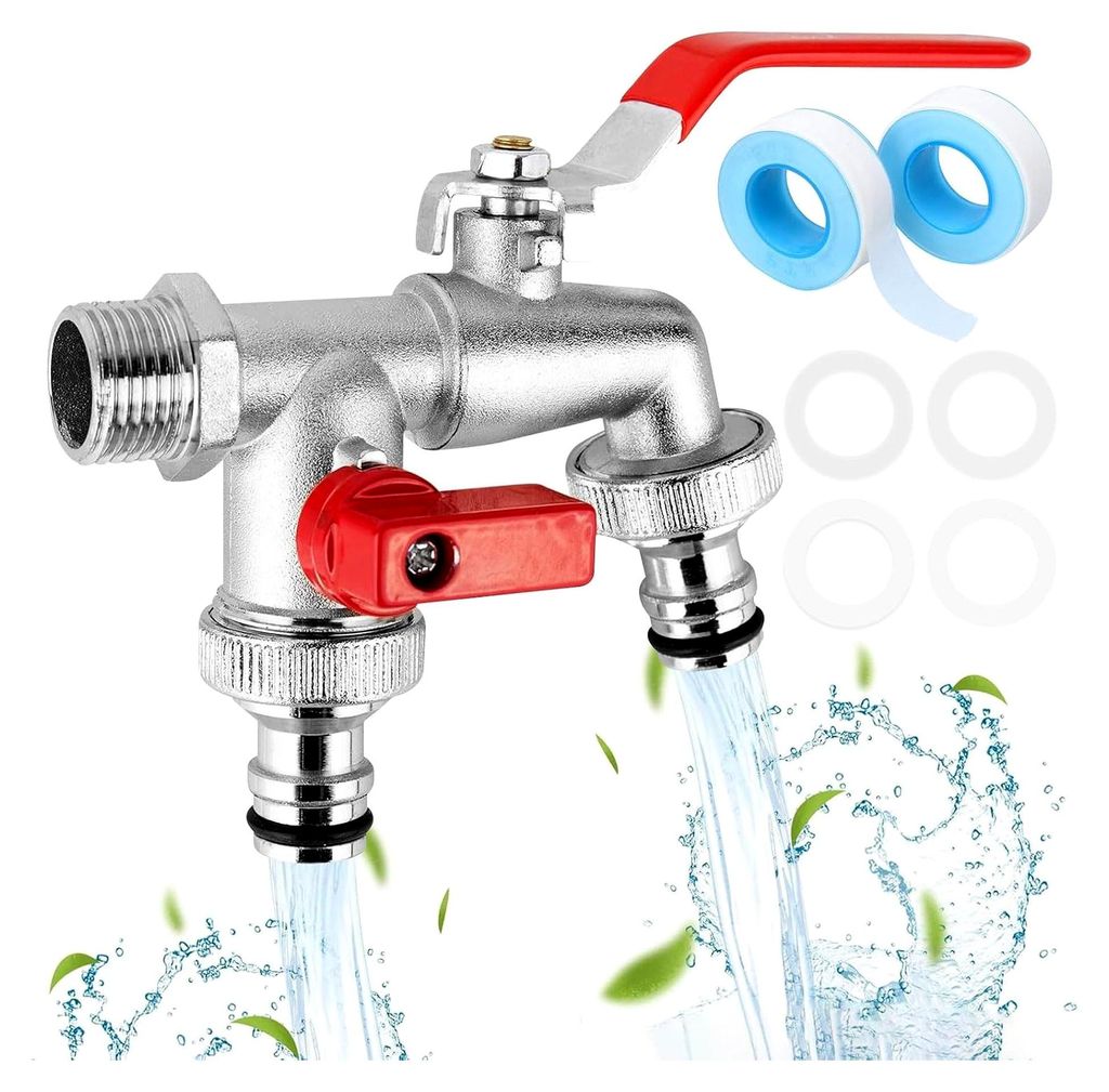 Garten Wasserhahn mit Doppel-Auslauf 1/2 Zoll und 3/4 Zoll, inklusive 2 Schlauchanschlüsse, 2 Rollendichtbänder und 4 Dichtungen