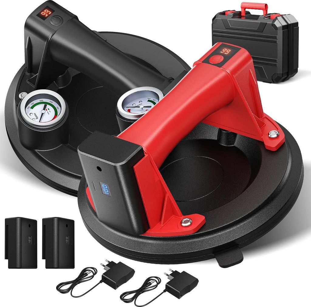 Fliesenvibrator - Elektrischer Vakuum-Saugnapf/Glassauger - Max. 200 kg - Akku 2×2400 mAh - Manometer - Für Fliesen, Keramik und Glas