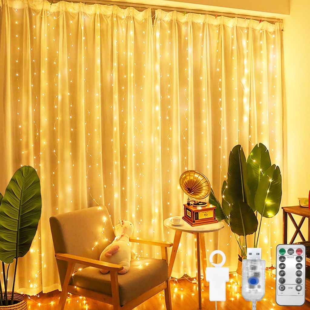 LED-Lichtvorhang 2x2 m, warmweiß, 200 LEDs, USB, 8 Modi