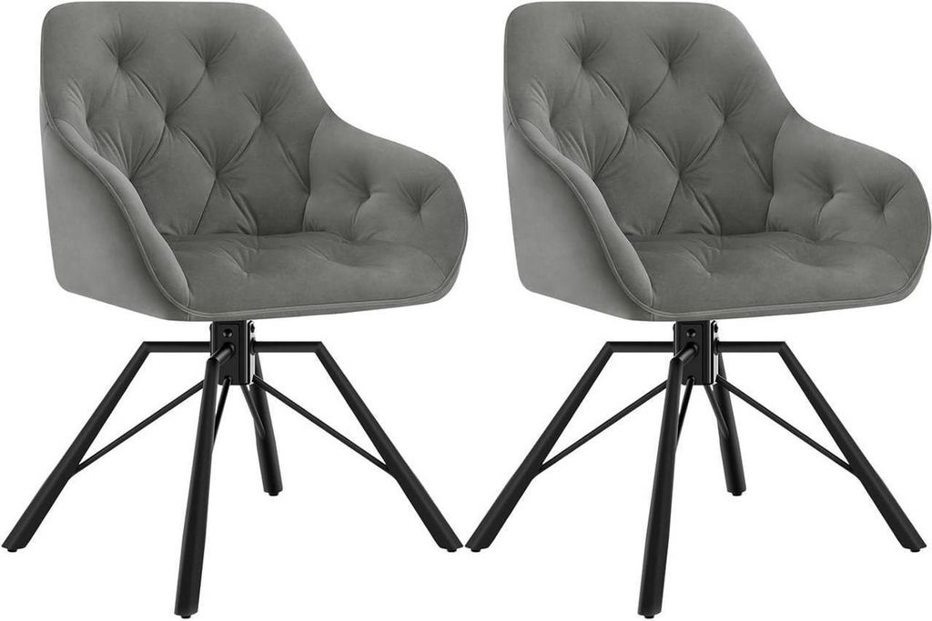 Two dark gray velvet swivel chairs with black metal legs are shown against a white background.
