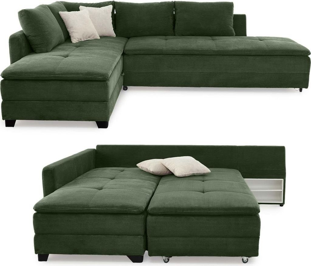 Ecksofa-Dauerschläfer Doppelbett Federkern Bettkasten Regal Couch in Cord Grün / 15164