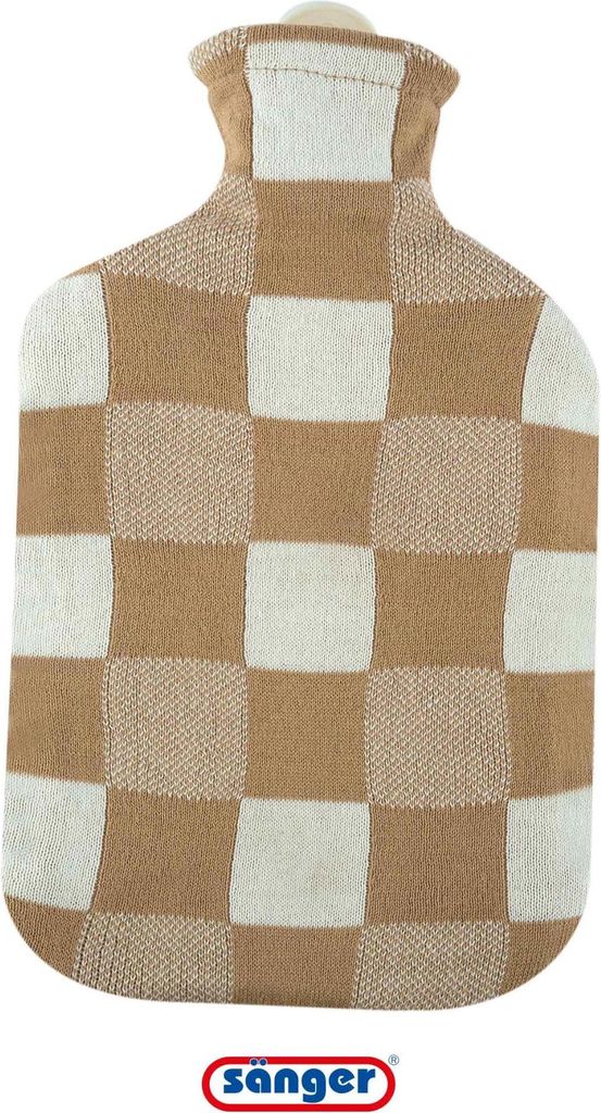 Sänger Wärmflasche 2,0 L mit Strickbezug Baumwolle Karo beige