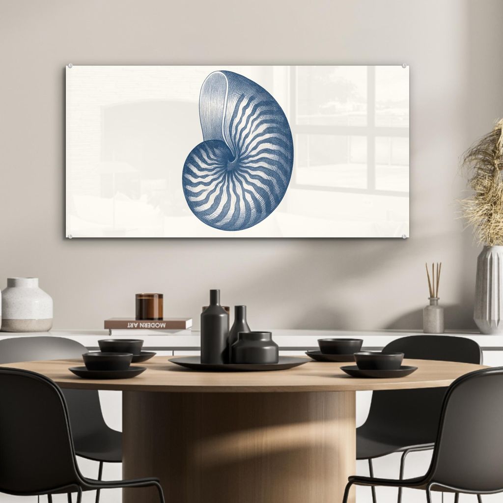 MuchoWow Glasbilder - Bilder auf Wandbild - Foto auf Glas Blau - Muschel - Spirale 80x40 cm Wanddekoration aus Glas - Acrylglasbild - Acrylbilder -...