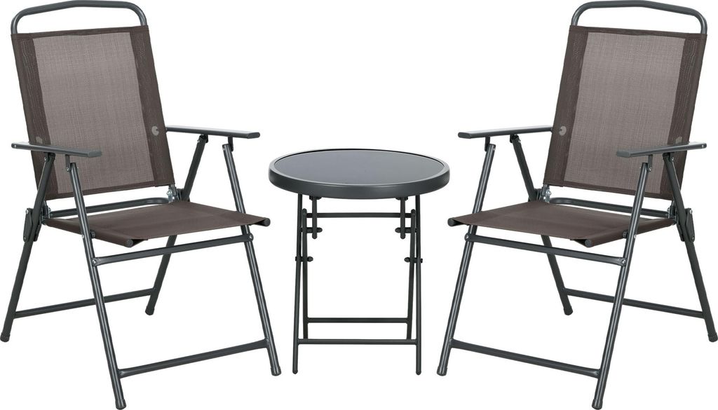 Bistro-Set 3-teilig aus Metall Wetterfest Gartenmöbel Set mit klappbar Glastisch Gartenstühlen Braun