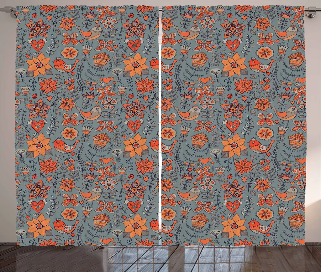 ABAKUHAUS Tenda rustica naturale, uccellini e fiori doodle, tenda con passanti e ganci per camera da letto, 280 x 175 cm, multicolore