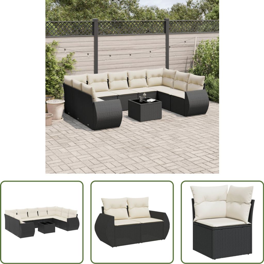 The Living Store 10-tlg. Garten-Sofagarnitur mit Kissen Schwarz Poly Rattan