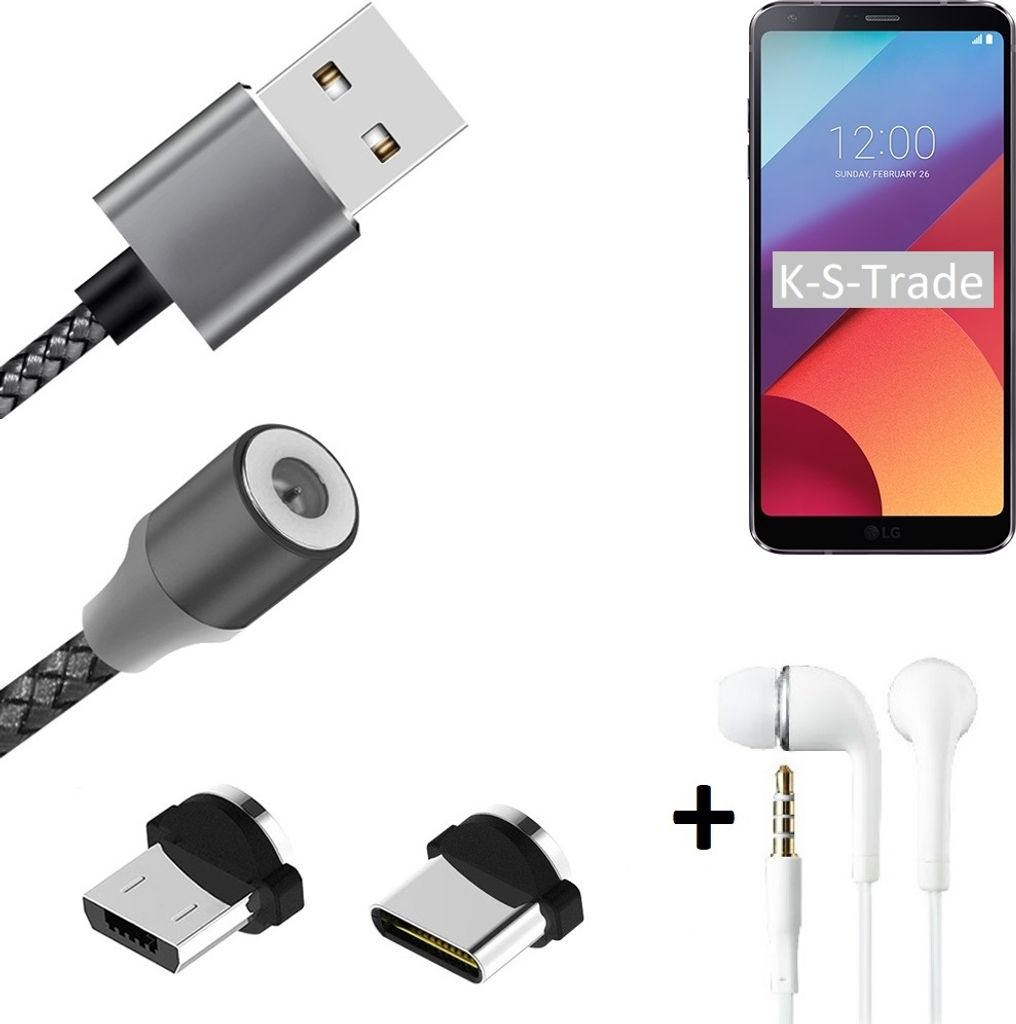 K-S-Trade Hochwertiges Magnet-Lade-kabel Sync-Kabel Daten-Kabel + Kopfhörer kompatibel mit LG Electronics G6+ mit USB-Typ-C-Anschluss und