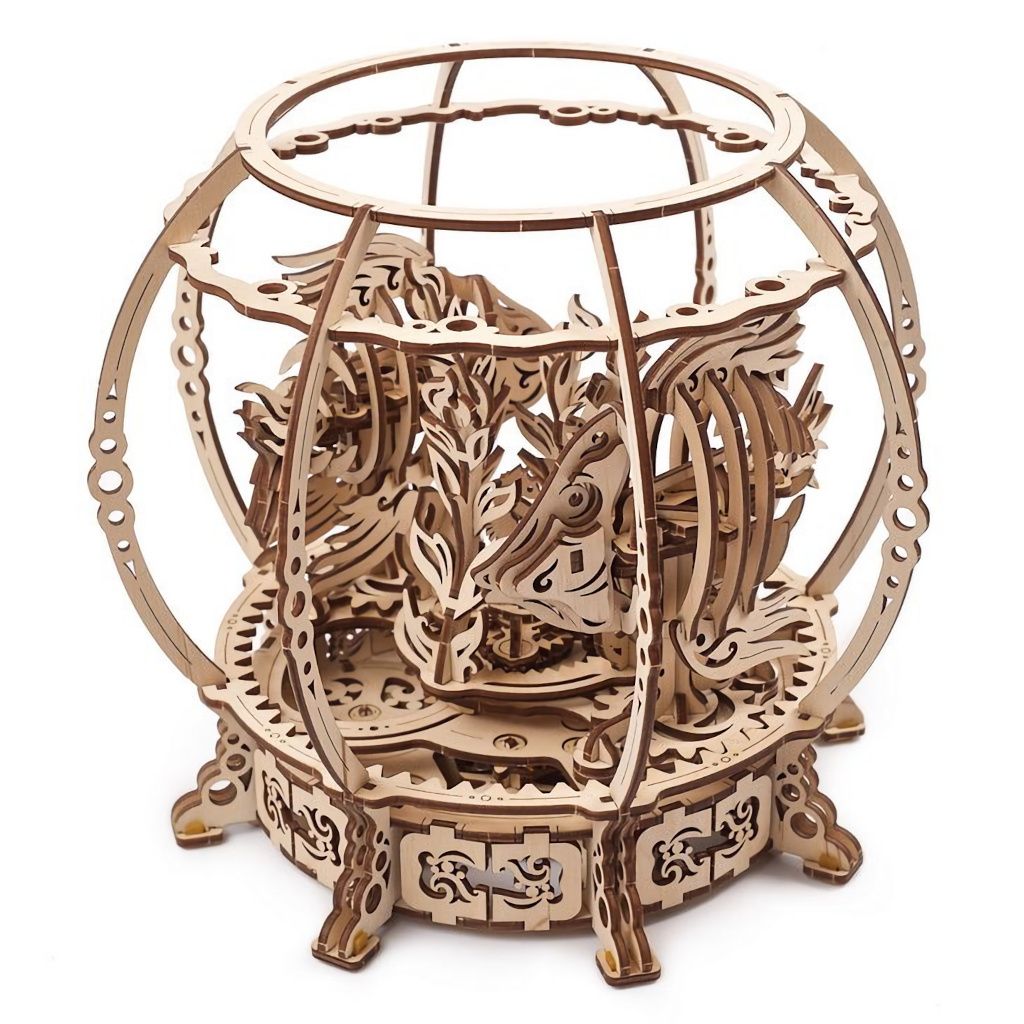 A 3D wooden puzzle of a mechanical aquarium with fish.