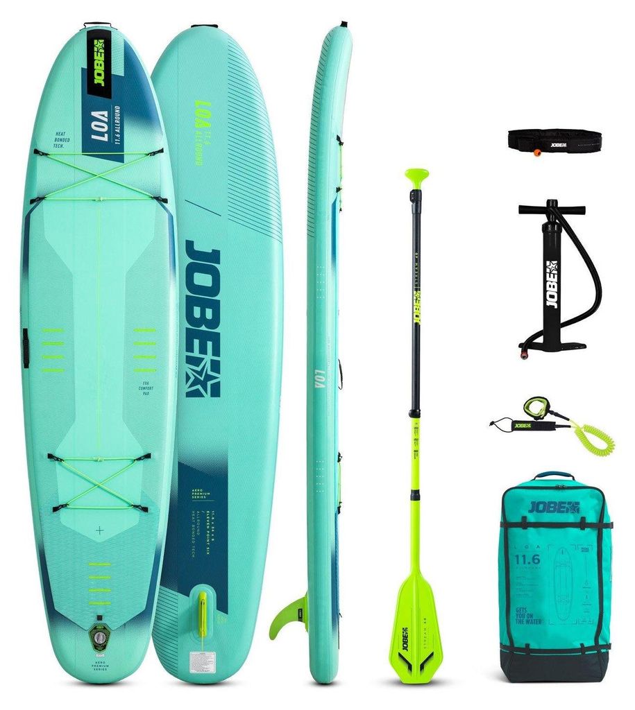 Jobe Aero Loa SUP Board 11.6 Package, Stand Up Paddleboard (SUP), Wippe, Flach, Aqua-Farbe, EVA (Äthylen-Vinylazetat), Schaum, 160 kg