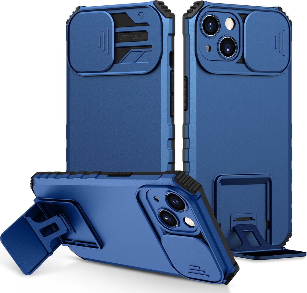 iPhone 13 Hülle, Dual Layer Ständer Schutzhülle mit Schiebe Kamera Schutz für iPhone 13 Blau