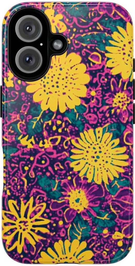 Blumiges Gelb-Lila-Muster – Hülle Kompatibel mit iPhone 16