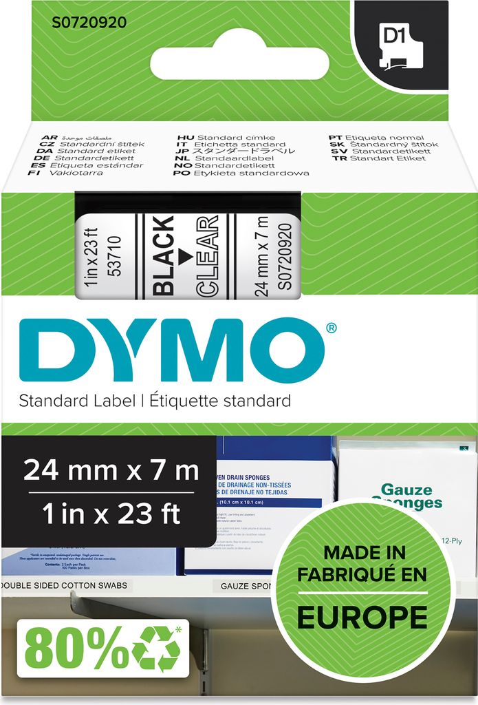 DYMO Original D1-Etikettenband | schwarz auf transparent | 24 mm x 7 m | selbstklebendes Schriftband | für LabelManager-Beschriftungsgerät