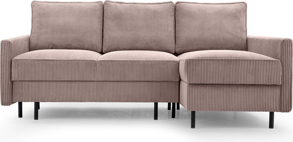 BETTSO Ecksofa mit Schlaffunktion und Bettkasten Scandinavian Design Couch Sofagarnitur Couchgarnitur Polsterecke Cord stoff EMMA Puder Rosa Rechts