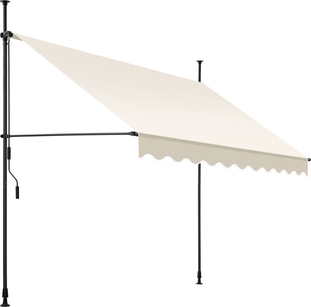 A beige awning is extended from a black metal frame, supported by poles, against a white background.