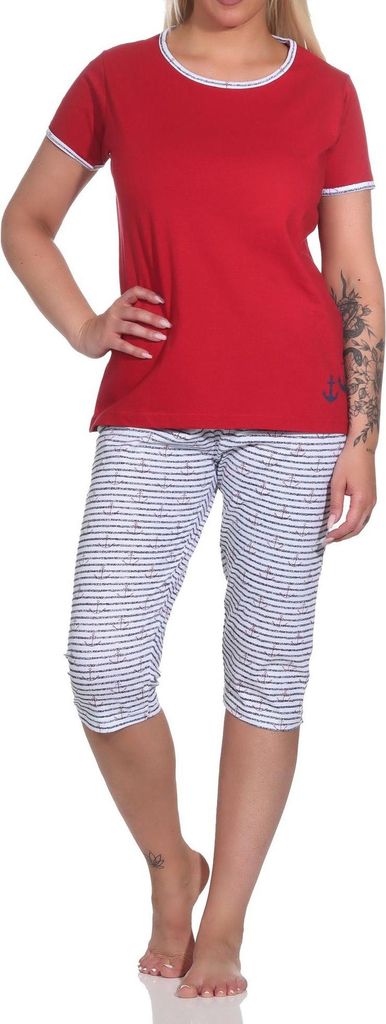 Capri Pyjama kurzarm, Damen Schlafanzug mit 3/4-Hose in maritimer Optik - 151 ; rot , 44-46