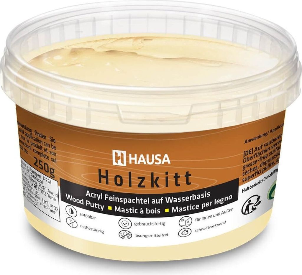 HAUSA Holzkitt 250 g Kiefer Mittel Holzspachtelmasse, Kitt für Holz, Holzspachtel/Füllmasse zum Reparieren von Holzschäden gebrauchsfertig ausge...