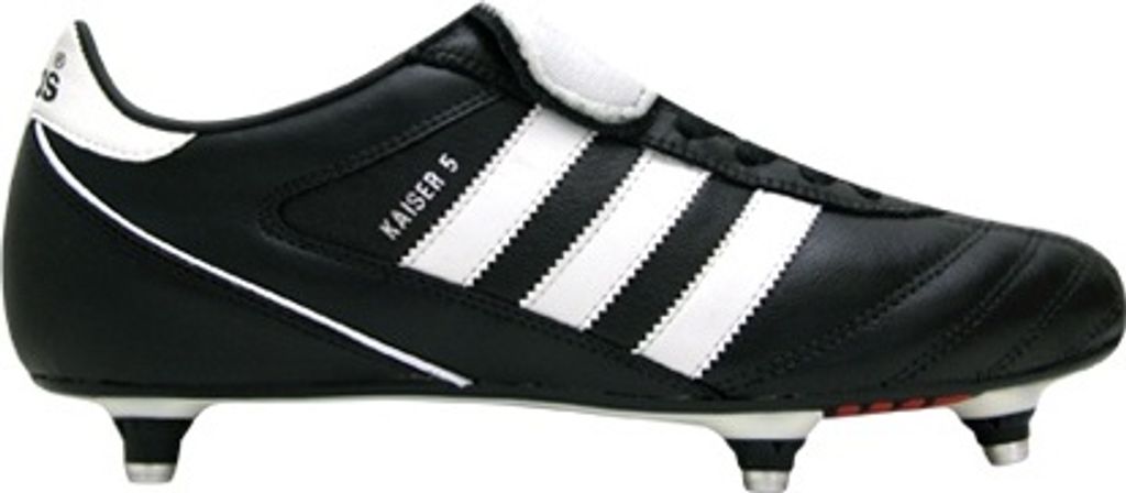 A black Adidas Kaiser 5 Cup soccer cleat with white stripes and accents, shown from the side against a white background.