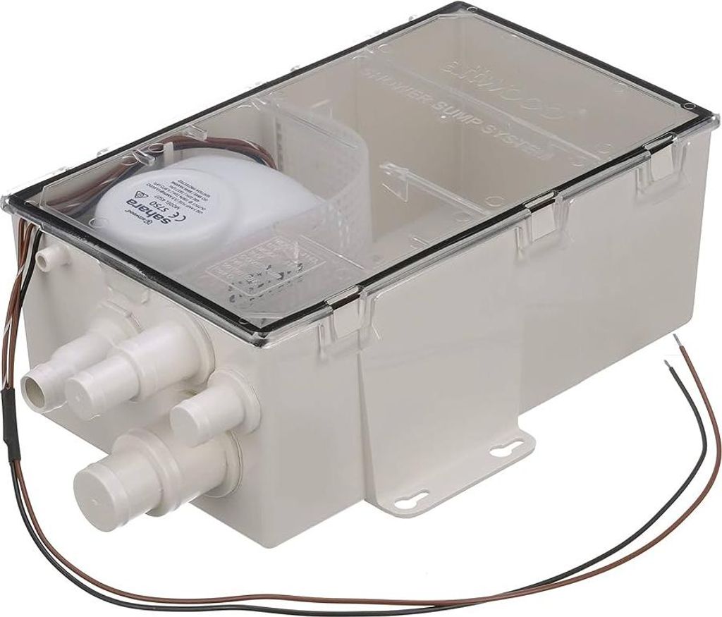 A white bilge pump with a clear lid, showing internal components and connections.
