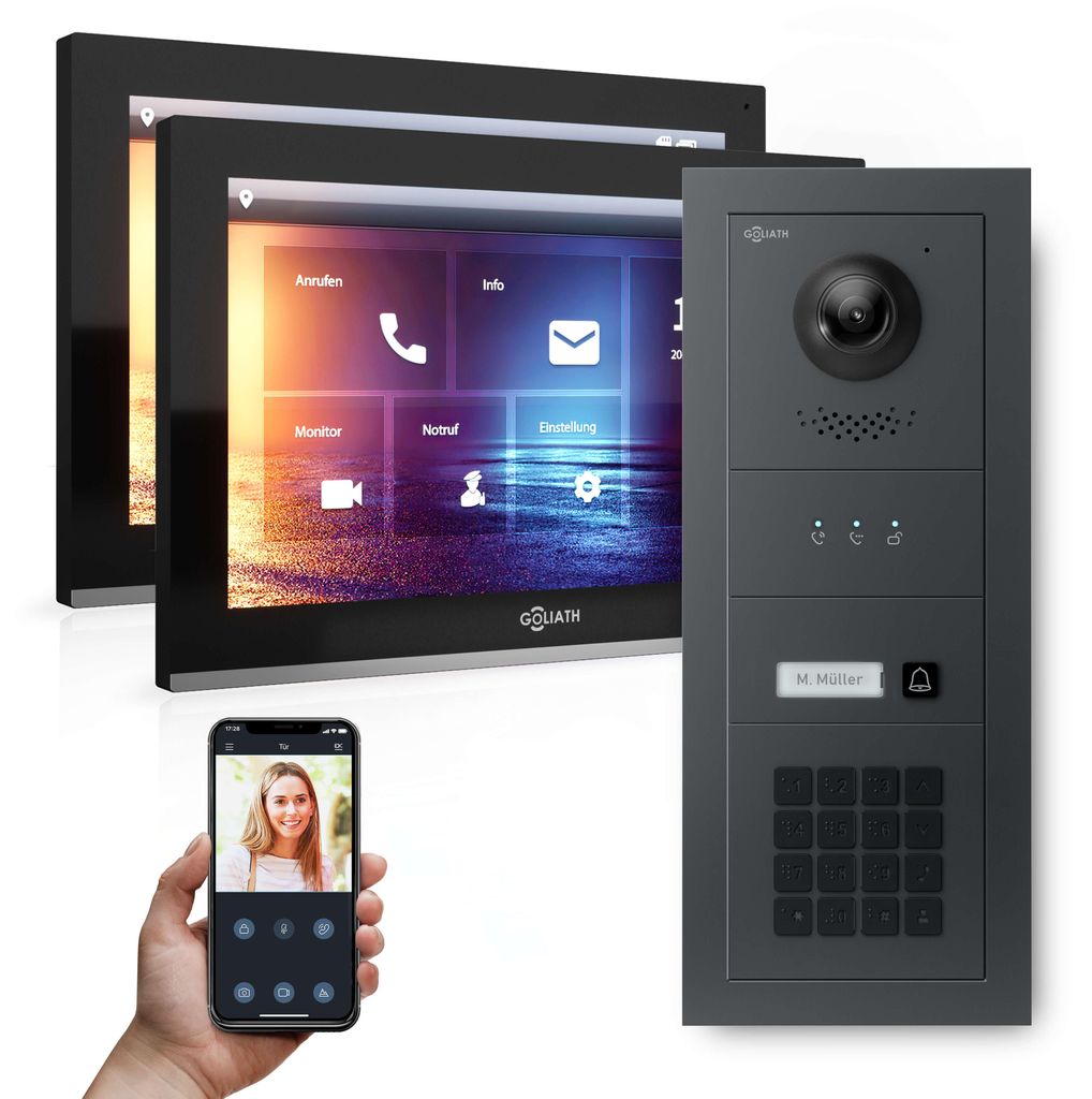 GOLIATH PRO IP Videotürsprechanlage | Anthrazit | Set 1-Fam | 2x 10" HD | Keypad | 180° Kamera