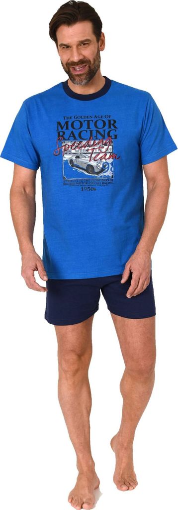 Normann Herren kurzarm Schlafanzug Shorty Pyjama mit Automotiv in eleganter Optik ; blau , 54