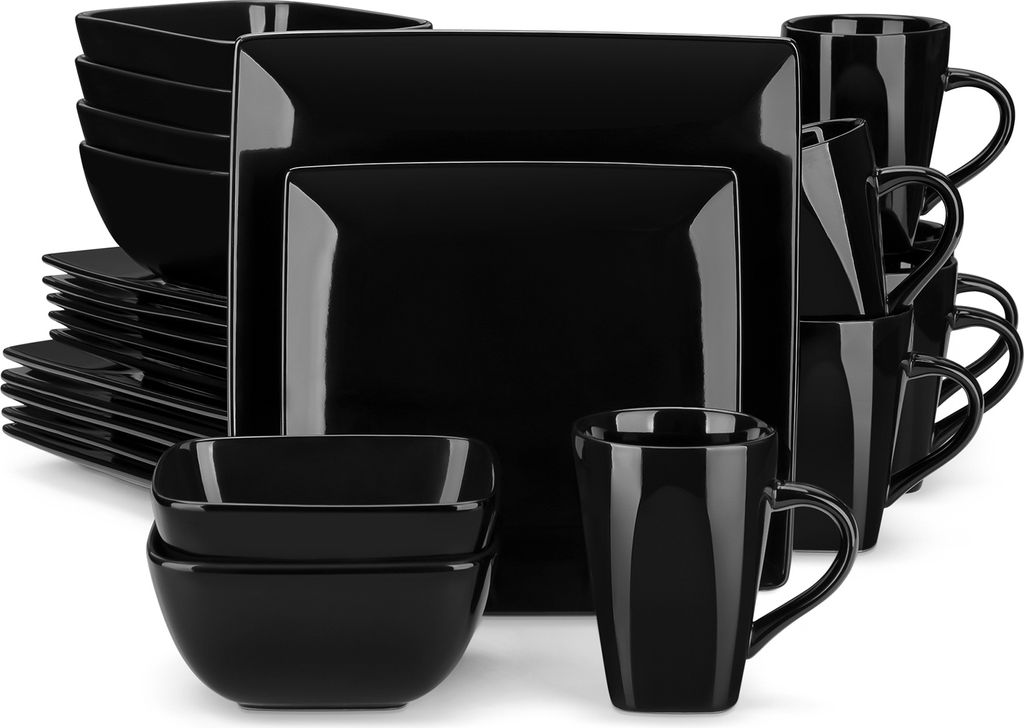 vancasso 48-tlg. Steingut Geschirrset, Tafelservice, Kombiservice mit Speiseteller, Dessertteller, Müslischalen und Becher, Schwarz