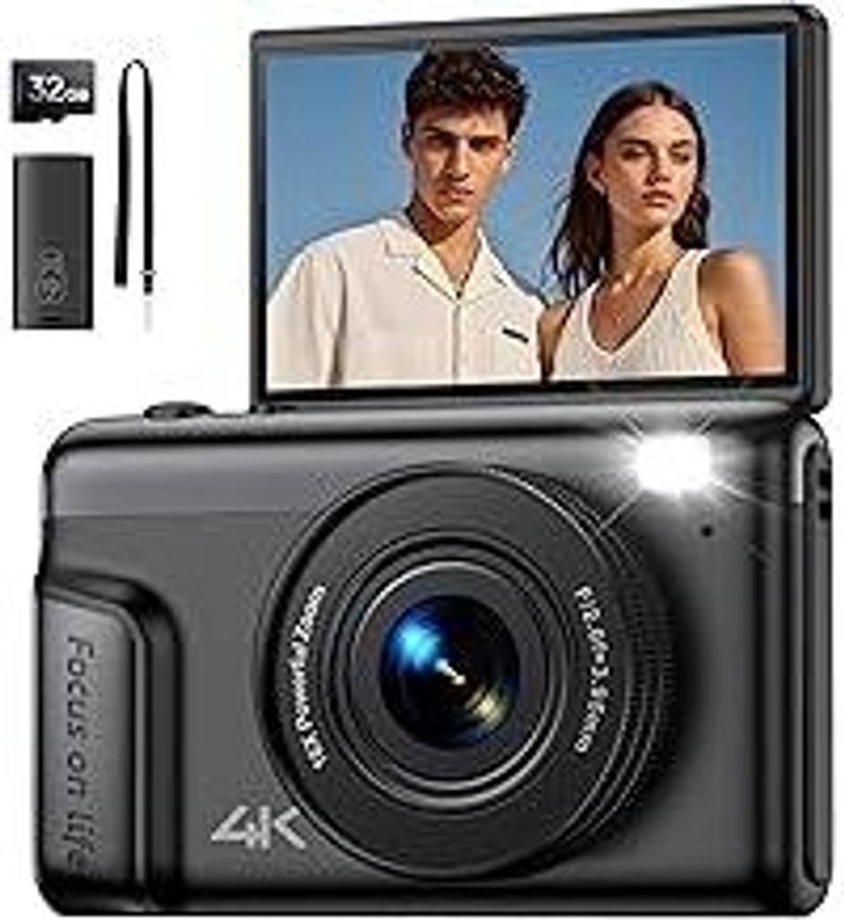 Digitalkamera 4K Fotokamera 64MP Kamera: Vlogging Fotoapparat für Videos mit 3 Klapp-Bildschirm Tragbare Batterie Kompaktkamera mit 16X Digitalzoo...