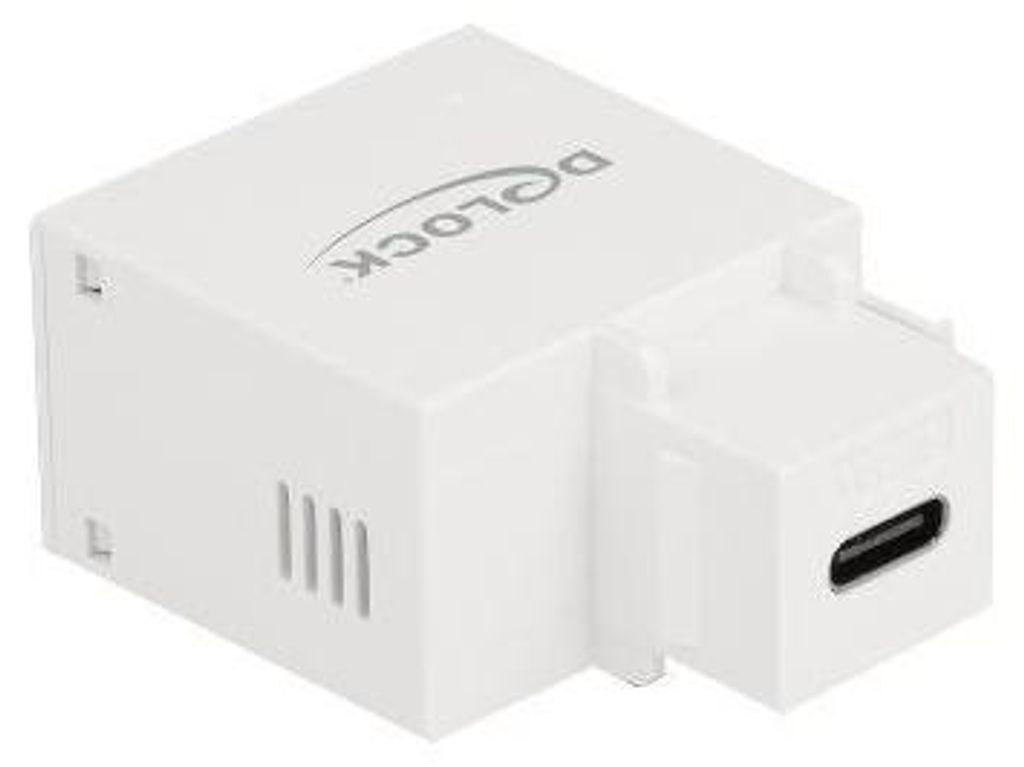 A white electronic adapter with a USB-C port.
