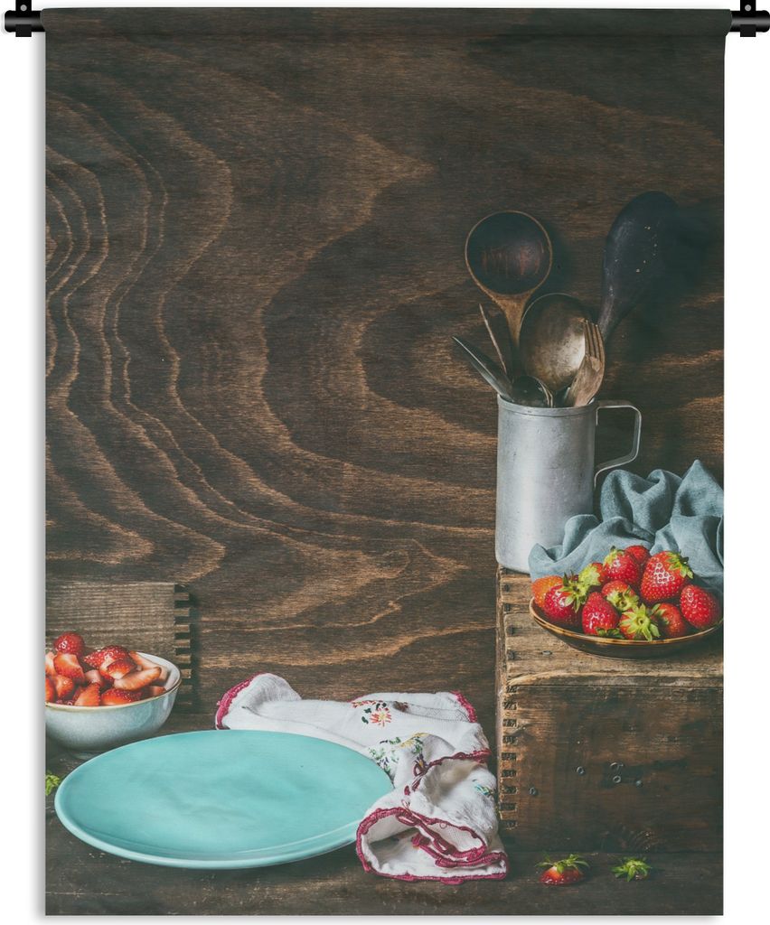 MuchoWow Wandteppich Wandbehang Rustikal - Obst - Küchenutensilien - Erdbeere 150x200 cm Tapisserie Dekoration Wandtuch - Wandaufhängung - Mode...