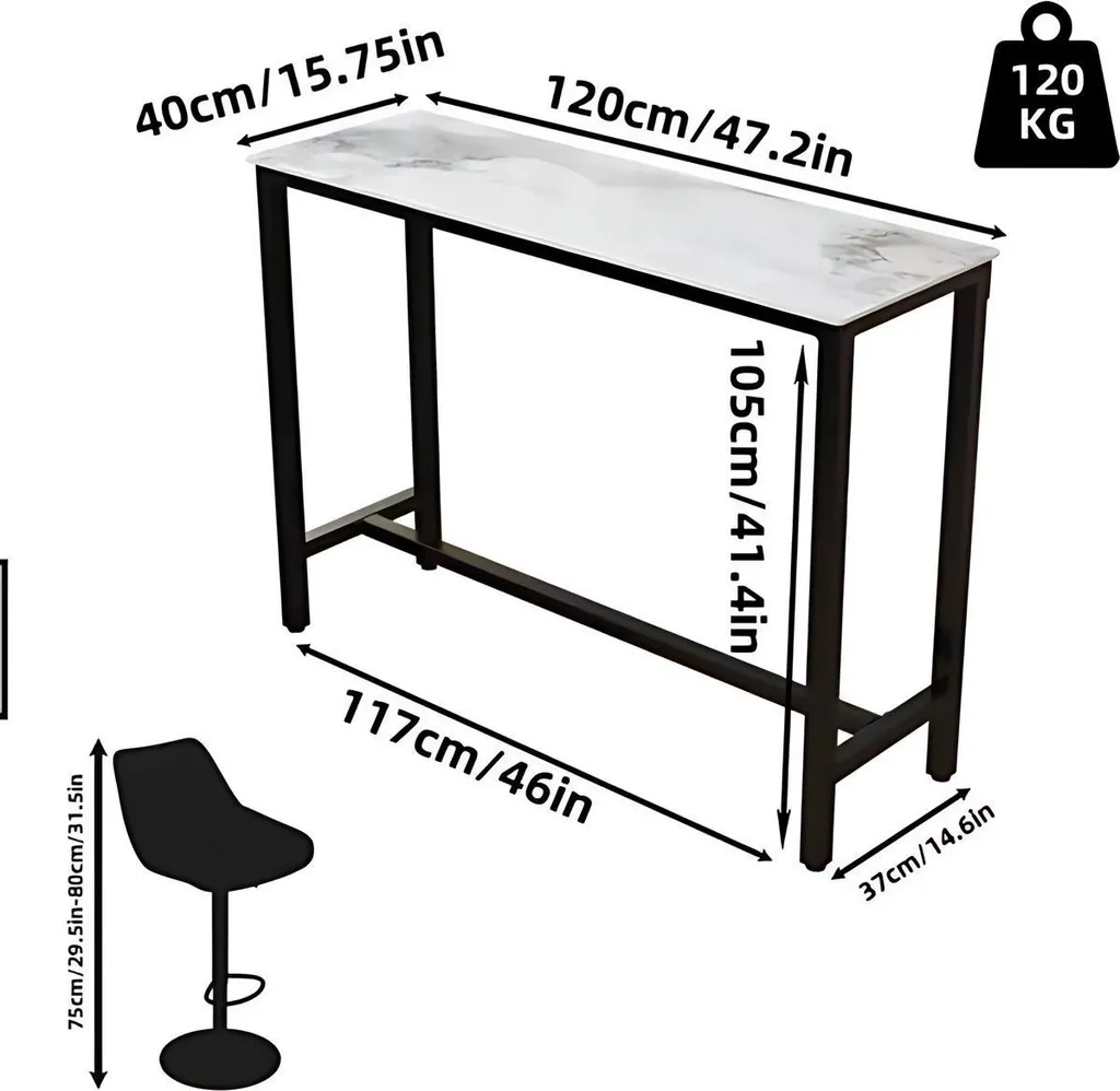 Table de Bar Milano 120 cm Gain de Place Aspect Marbre pour 6 Pers