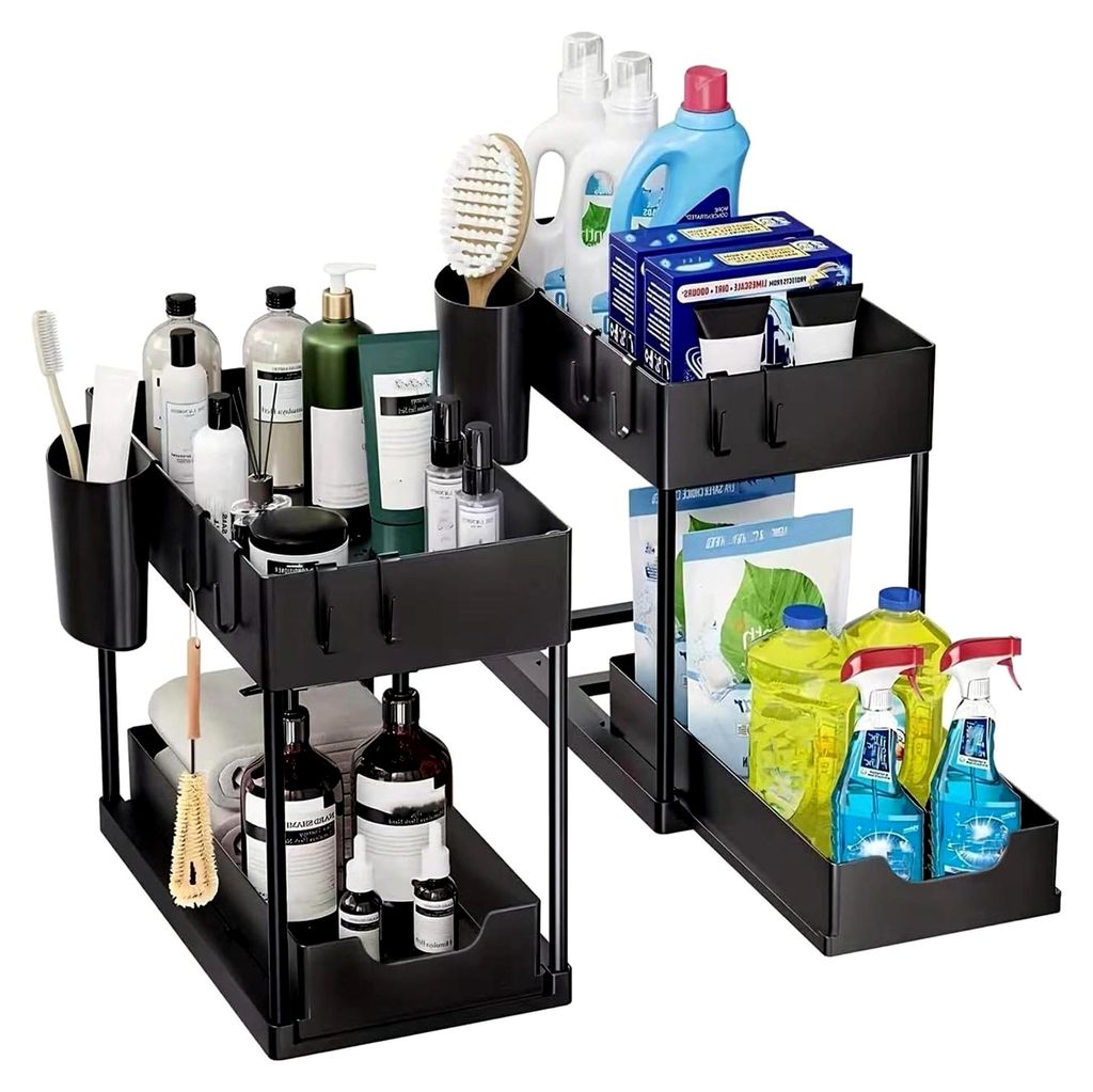 Unter Waschbecken Regal, 2 Etagen Standregal, Küchen Organizer mit Schublade, 2 Set Spülschrank Organizer, mit 8 Haken und 2 Tassen, multifunktio...