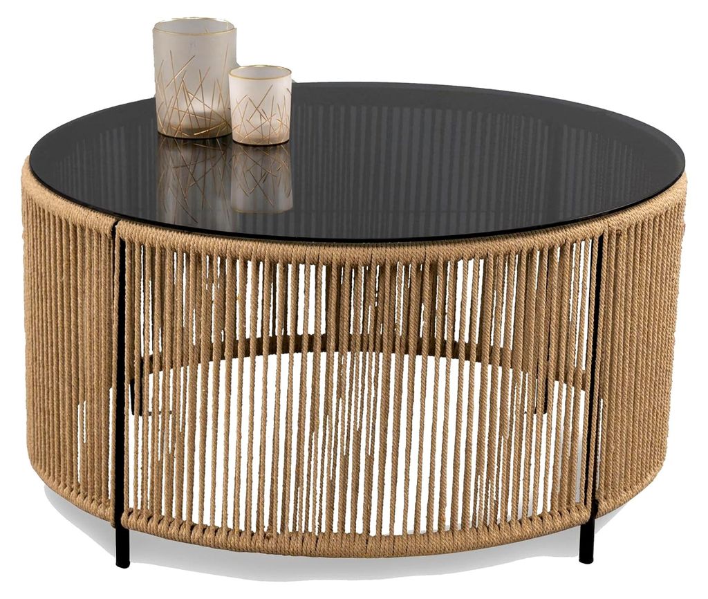Konsolentisch Simon 2, Ø 75 cm, Höhe 40 cm, Sicherheitsglas 8 mm, Metallgestell mit Baumwollkordel