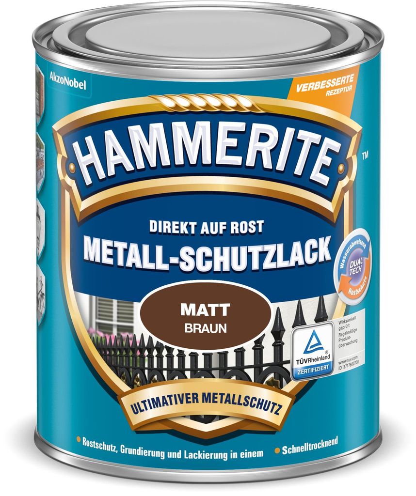 Hammerite Metallschutzlack Matt, Braun, 3in1- Rostschutz, 750 ml