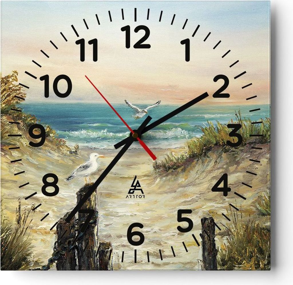 Wanduhr - Quadrat - Glasuhr - Impressionismus Möwen Küste - 30x30cm - Schleichendes Uhrwerk - Lautlos - zum Aufhängen bereit - Dekoration Modern...