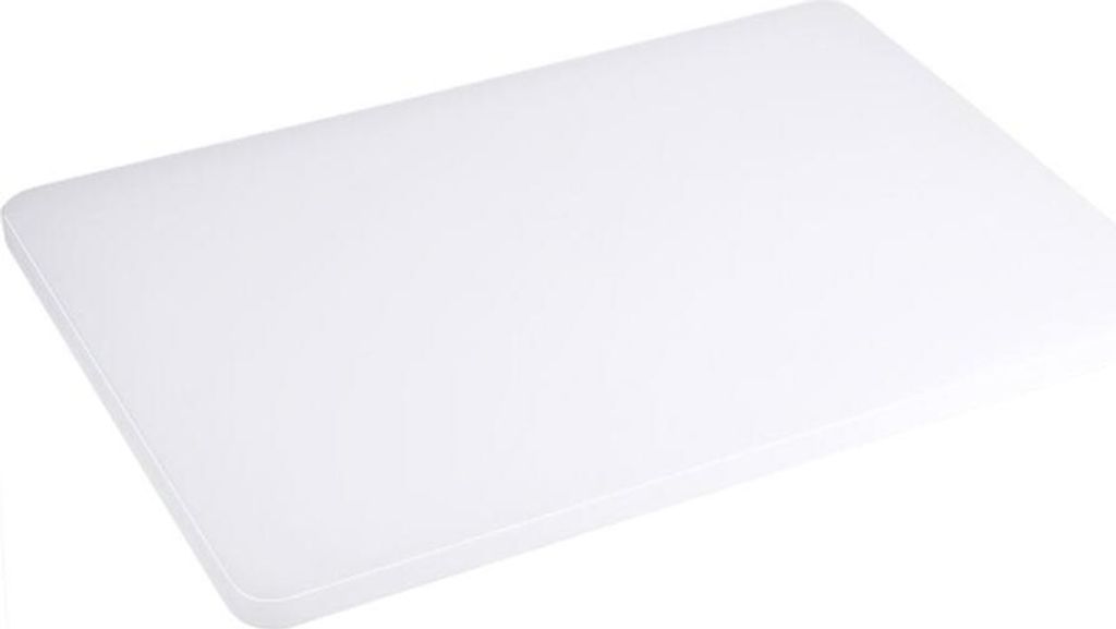 A white plastic cutting board on a white background.