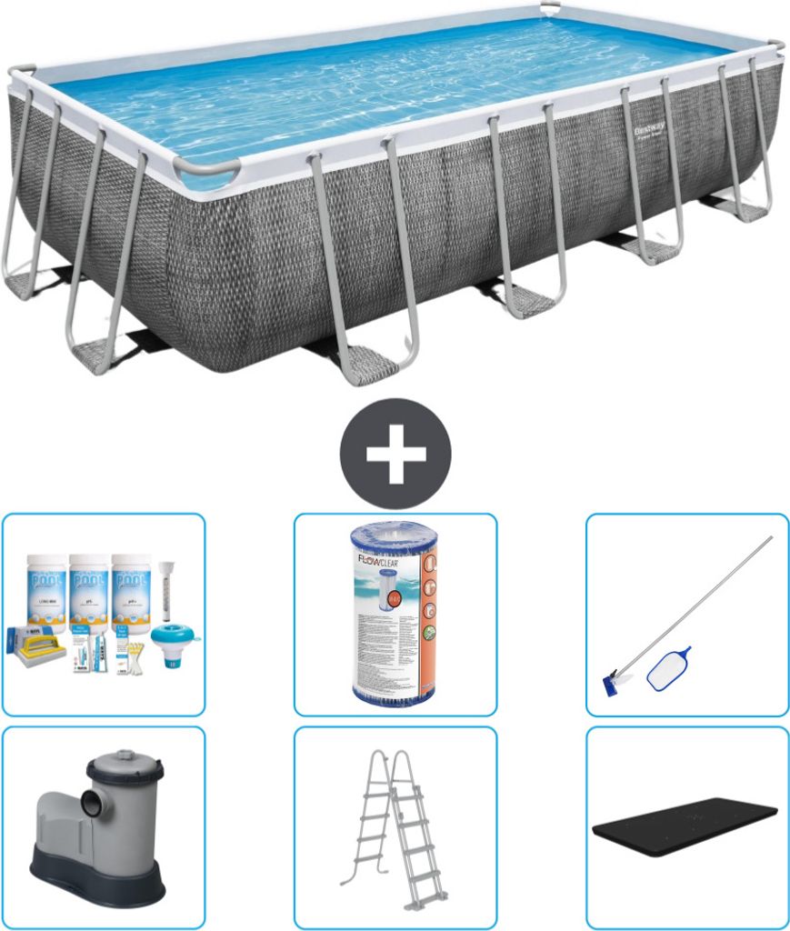 Bestway rechteckiges Power Steel-Schwimmbecken – Rattan-Druck – 549 x 274 x 122 – inklusive Pumpe – Leiter – Abdeckung Wartungspaket - Fi...