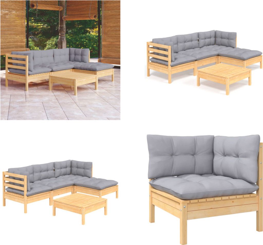vidaXL 5 tlg. Garten Lounge Set mit Grauen Kissen Kiefernholz - Garten-Lounge-Set - Garten-Lounge-Sets - Gartenmöbel-Set - Gartenmöbel-Sets