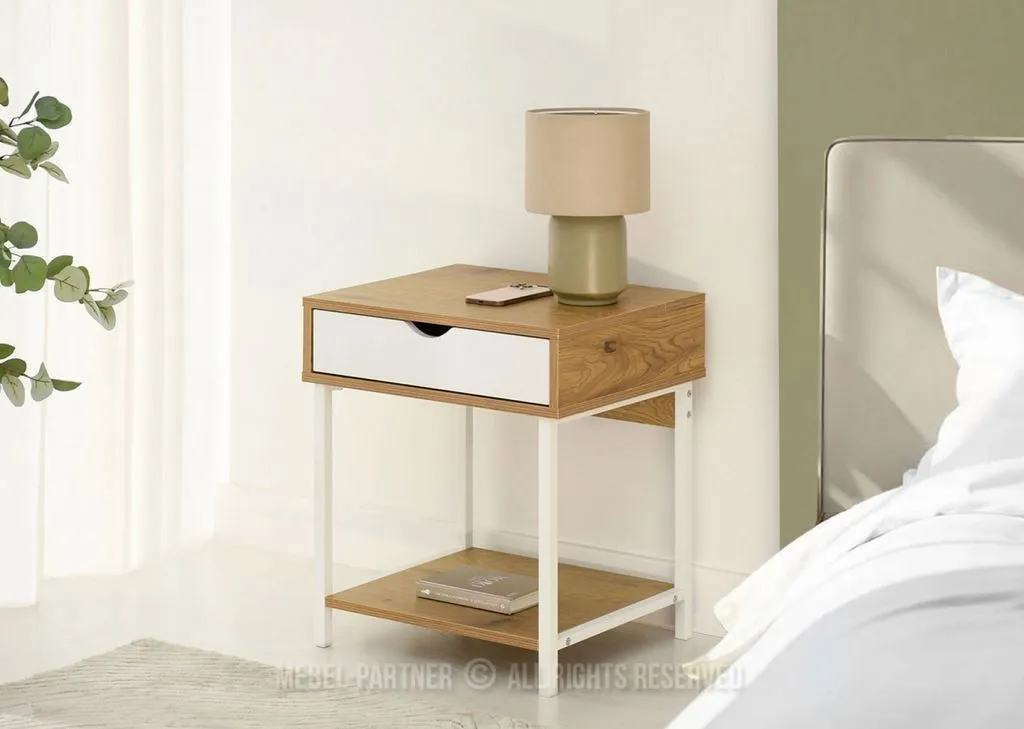 Table de chevet DILMAR en bois et blanc - Finition Chêne de Qualité