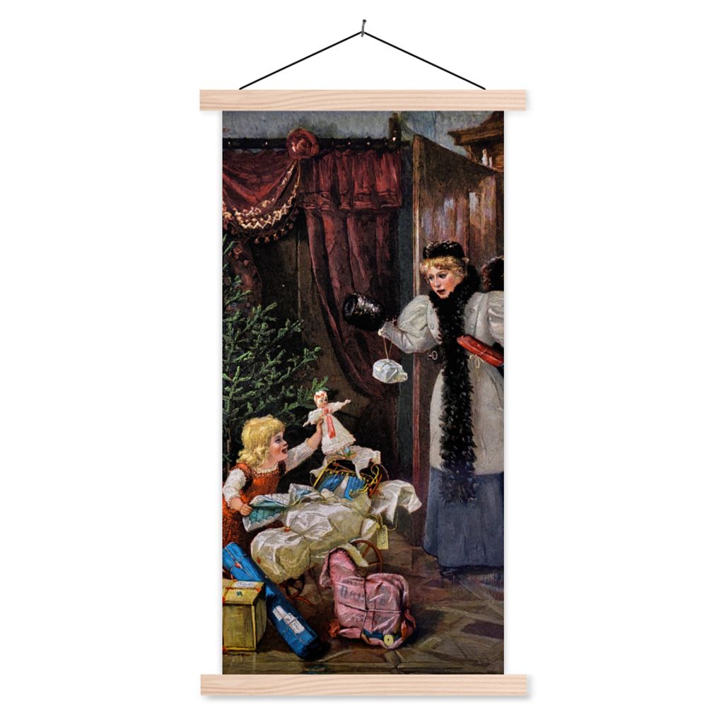 MuchoWow Textilposter Retro-Weihnachtsporträt - Weihnachten 40x80 cm mit holzfarbenen Rahmen - Wohnzimmer