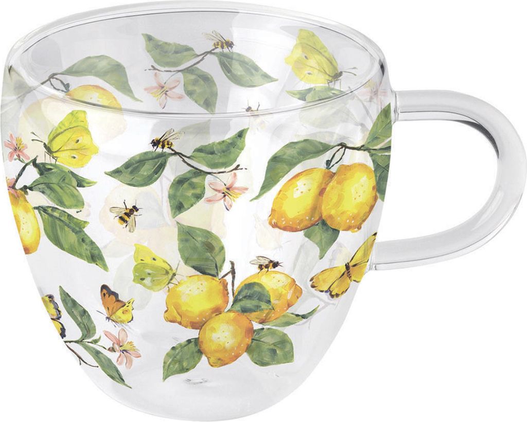 Tasse 10cm Glas doppelwandig 0,2L mit Zitronen & Schmetterling Motiv
