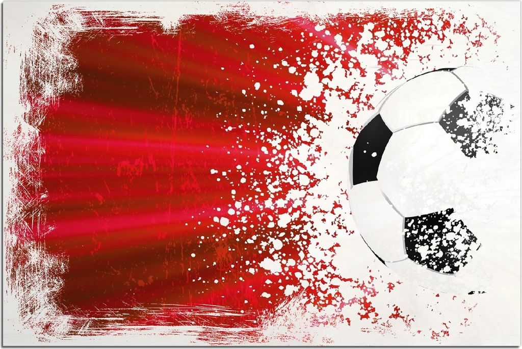 Kunstdrucke Wandbilder Holz in : Brillante Farben, Größe 60 x 90 cm Motiv Fußball - Splashing Design in rot