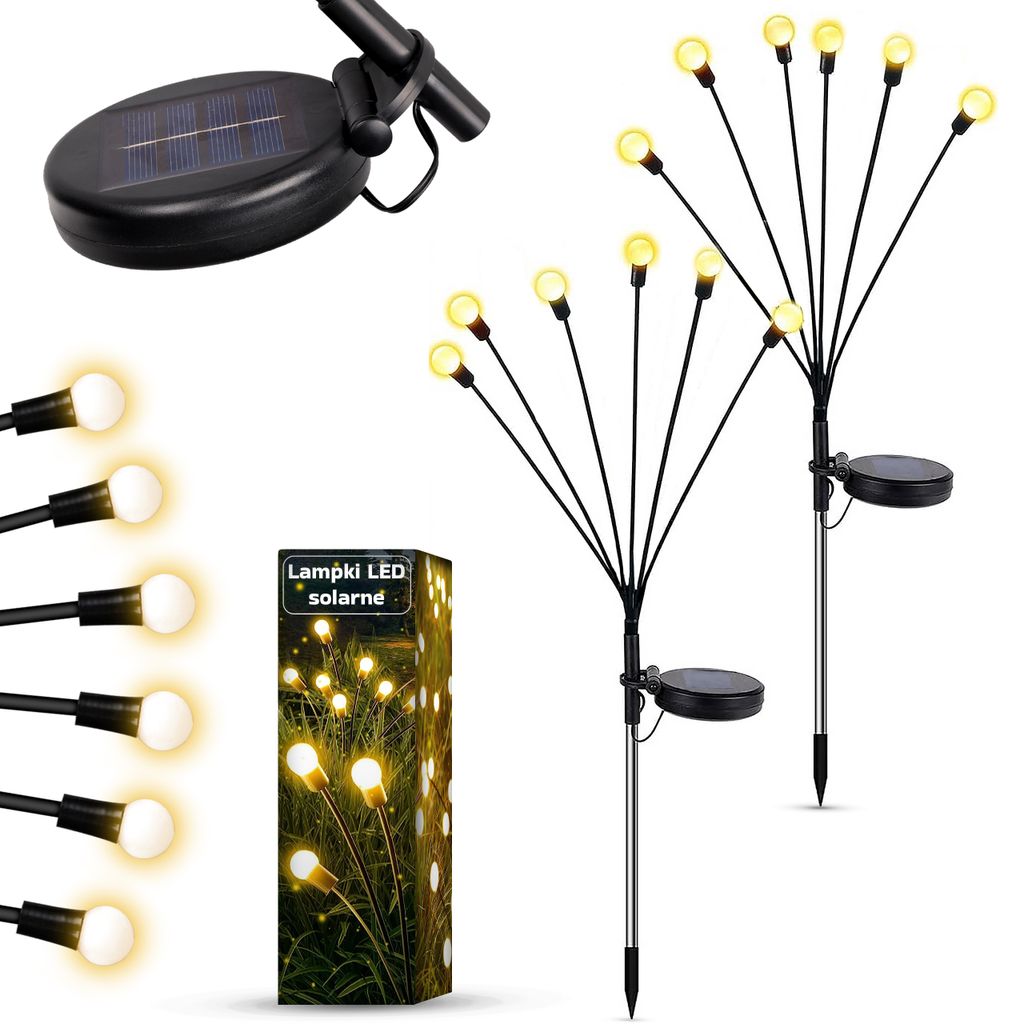 A product shot of solar garden lights, including a string of lights and two stake lights, along with a box of the product.