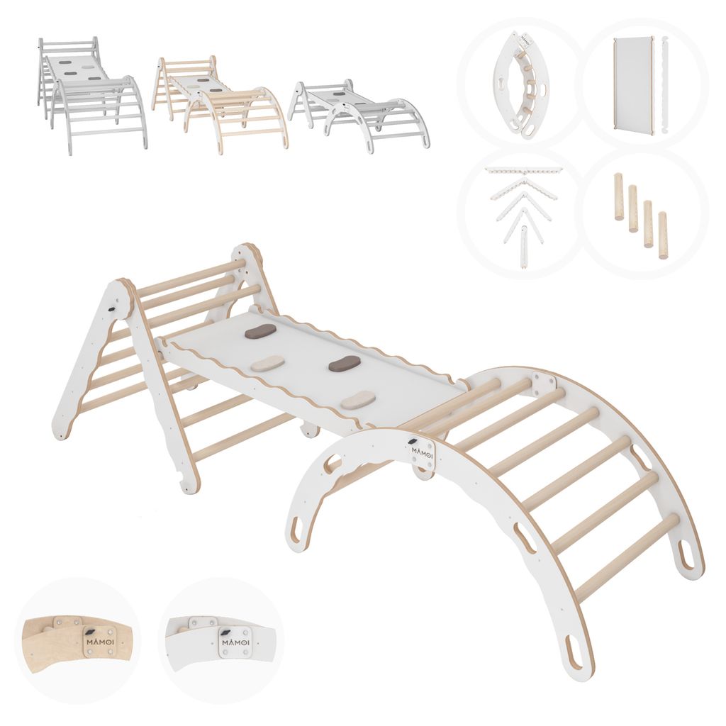 MAMOI Set Klettergerüst indoor, Kletterdreieck mit rutsche aus holz, Kletterbogen, Baby kinder klettern, Regenbogenwippe mit Rutschbrett, Holzbogen