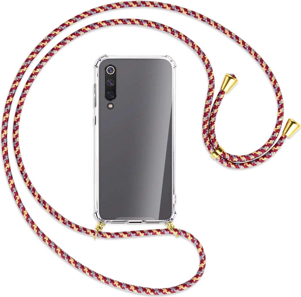 Handykette Backcover-Schutzhülle mit Band (Metall goldfarben) für Xiaomi Mi 9 SE - weinrot/gelb/grau