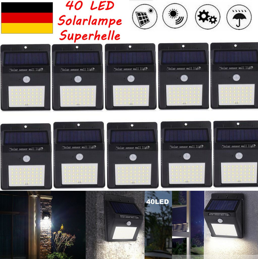 10er Pack 40 LED Solarlampen Superhelle Solarleuchte mit Bewegungsmelder Wandleuchte für Garden Yard Pation