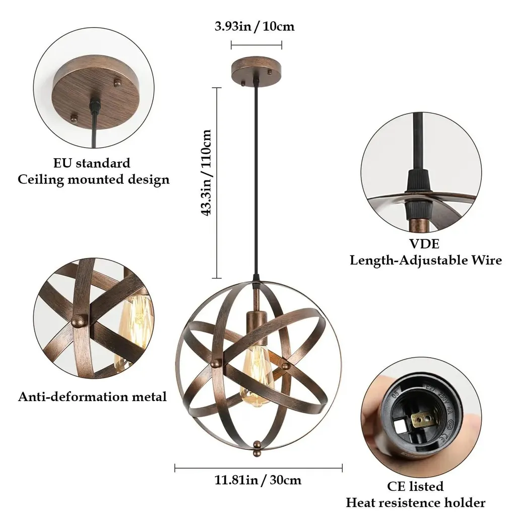 Suspension Métal Marron Rétro E27 220V - Finition Robuste et Design - 9