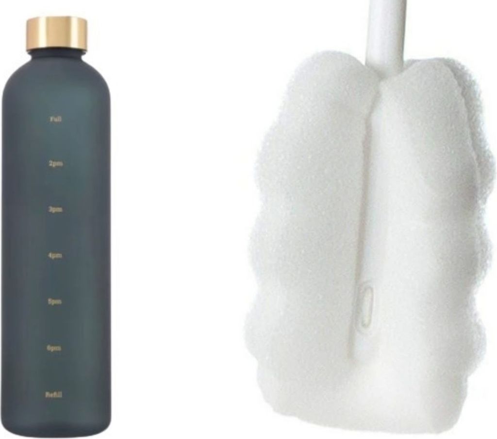 1 Liter Wasserflasche, Trinkflasche, Kohlensäure geeignet, Motivations-Skala, edel, auslaufsicher, robust (schwarz m. Reinigungsbürste)