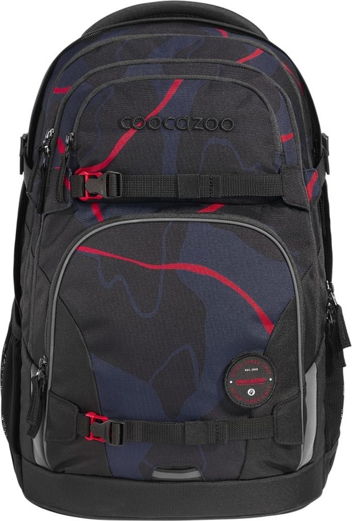 A black backpack with a blue and red abstract pattern.